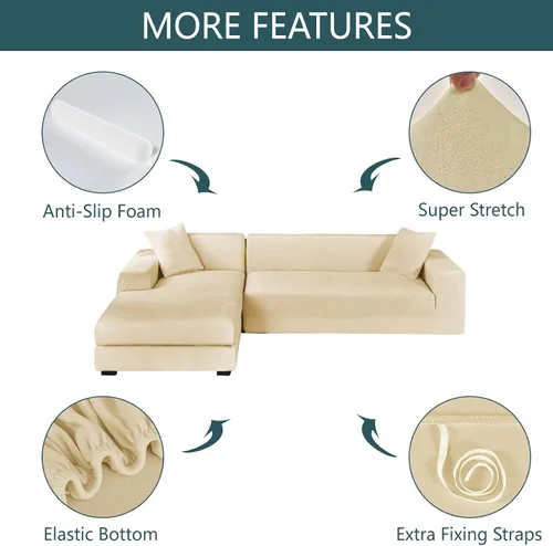 Vista 5 de Fundas de terciopelo para sofá modular, 2 fundas elásticas para sofá en forma de L, antideslizantes, suaves protectores de muebles para sofá Beige