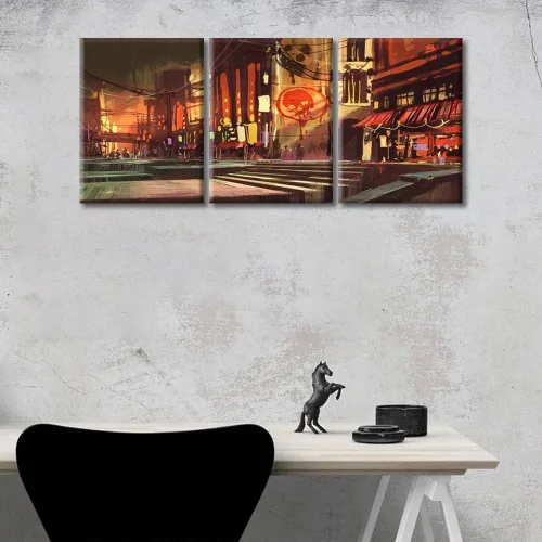 Vista 3 de Arte de pared de 3 piezas de escena de ciencia ficción de la calle comercial futurista paisaje urbano, decoración de pared para dormitorio