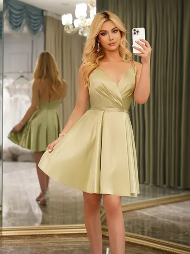 Vista 4 de TIRAS Vestidos cortos de regreso a casa para adolescentes con bolsillos, tirantes delgados, cuello en V, satén, vestido de baile formal CM213