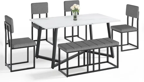 Vista 7 de HUGROVE Juego de mesa de comedor de 6 piezas, mesa rectangular de mármol sintético de 51.18 pulgadas con 4 sillas de comedor tapizadas de lino