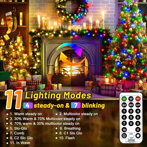 Vista 3 de KNONEW 720 luces LED de Navidad de 337 pies para exteriores, luces de cadena de alambre transparente que cambian de color con 11 modos