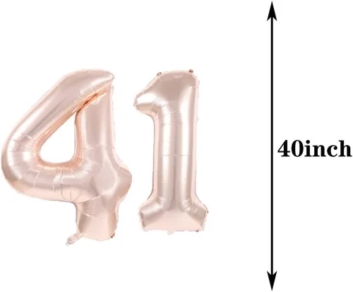 Vista 2 de Decoraciones de cumpleaños número 41, suministros para fiestas, globos de oro rosa con el número 41, globos de aluminio Mylar 41 para decoración