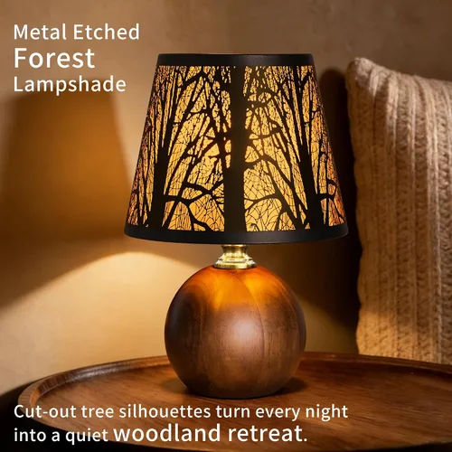 Vista 4 de Lámpara de mesa pequeña de bosque rústico de 11.4 pulgadas, base de madera maciza y pantalla de árbol de metal con lámpara de noche regulable de 3