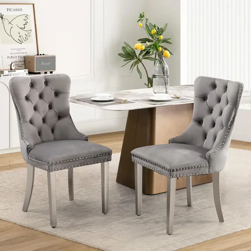 Vista 68 de Juego de 2 sillas de comedor tapizadas de tela de lino, sillas de cocina modernas de mediados de siglo con respaldo alto, ribete de cabeza de clavo
