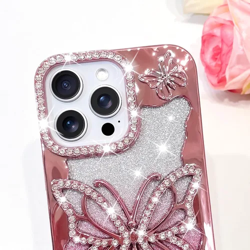 Vista 3 de Bonoma Funda con purpurina para iPhone 13 Pro Max, bonita funda 3D con patrón de chapado en degradado de mariposa de diamante, protección de cámara