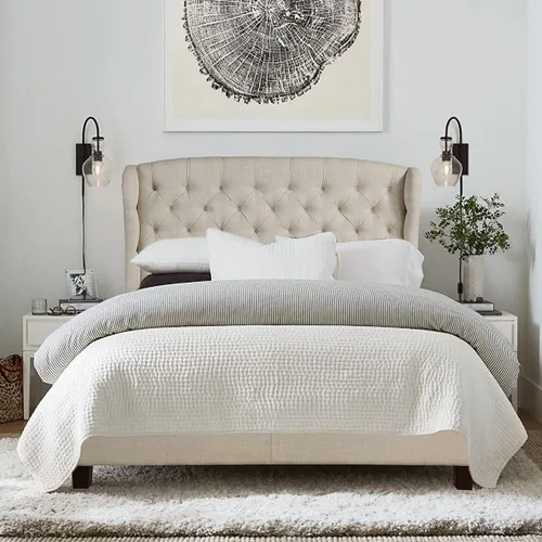 Vista 3 de Rosevera Josie Wingback - Base de cama con cabecera capitoné de altura ajustable, marco de cama tapizado de tela, soporte de listones de madera Gris