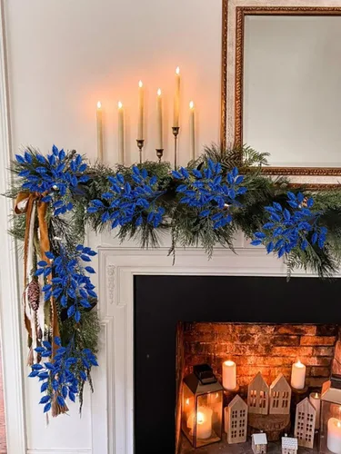 Vista 2 de Tallos de Hojas con Purpurina Azul de Navidad de 25.6", 5 Piezas de Ramas de Hojas Artificiales Altas para Árbol de Navidad DIY Corona de Navidad
