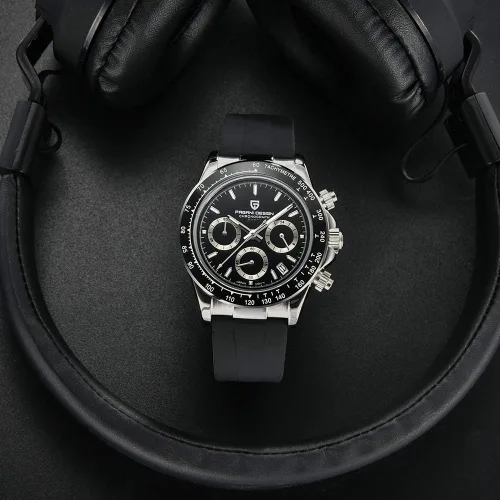 Vista 5 de Pagani Design Relojes mecánicos automáticos de lujo para hombre, esfera de esqueleto, acero inoxidable, bisel de arco iris, correa de goma, 328.1