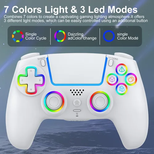 Vista 5 de BUERTT For PS5 Controller Wireless,Compatible with PS5 Pro/Slim/PC,Wireless Controller with 7 Colors RGB Light,Dual Vibration, Macro/Turbo Function