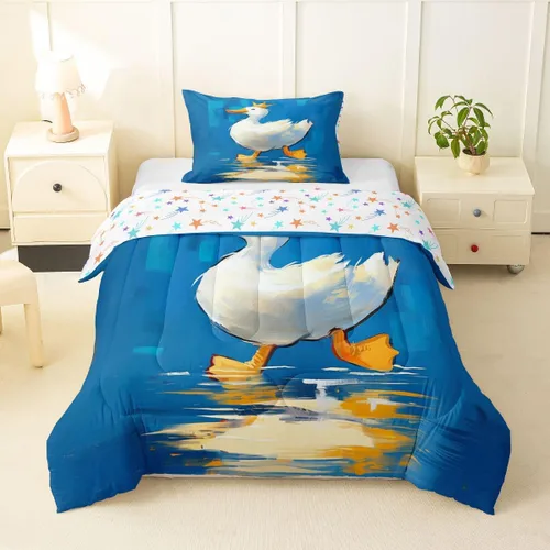Vista 54 de Erosebridal Juego de ropa de cama a cuadros azul para niños, juego de cama individual con diseño de patos amarillos de dibujos animados, juego