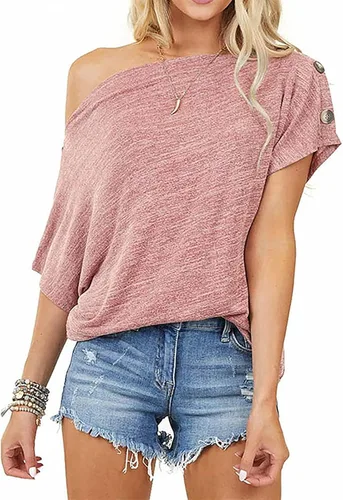Vista 4 de Blusa sólida hombros descubiertos para mujer, camiseta de manga corta de verano 2023, camiseta holgada sexy para fiesta