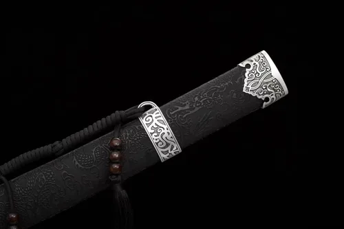 Vista 6 de Espada china, sable de oro negro (cuchillas de acero forjadas de alto carbono, vaina de cuero sintético) tratamiento térmico