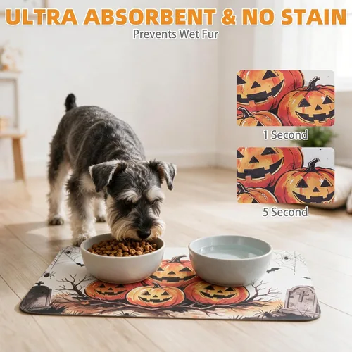 Vista 3 de KOOLTAIL Tapete de comida para perros de Halloween, tapete absorbente para alimentación de mascotas para cuencos de comida y agua, almohadilla