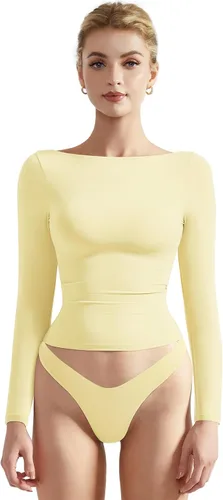 Vista 20 de SUUKSESS Camiseta de mujer con cuello redondo, manga larga, doblemente forrada, ajustada y corta