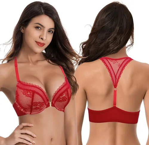 Vista 6 de Curve Muse Brasier push up para mujer, talla grande, 1 copa con aros y cierre frontal