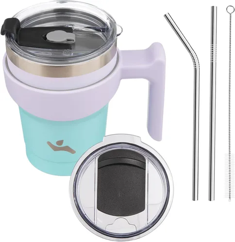 Vista 46 de Konokyo - Vaso de 10 onzas con asa y 2 popotes, 2 tapas, botella de agua aislada de acero inoxidable, taza de viaje reutilizable, color verde militar