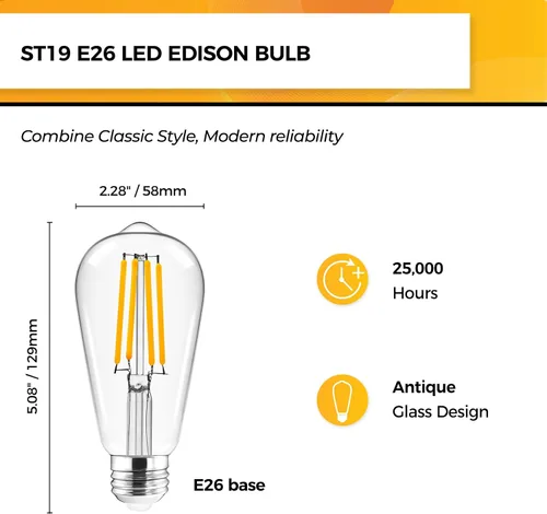 Vista 2 de Hizashi - 6 bombillas led Edison E26 equivalentes a 60 W, no regulables, 2,700 K, blanco cálido, CRI superior a 95, ST19, vintage, base E26, 700