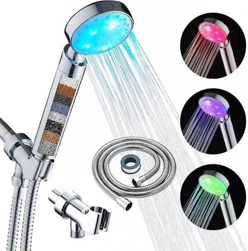 Vista 10 de Cabezal de ducha LED KAIREY con mango 7 colores que cambian automáticamente, luz de ducha que se enciende con mango pulido cromado con manguera