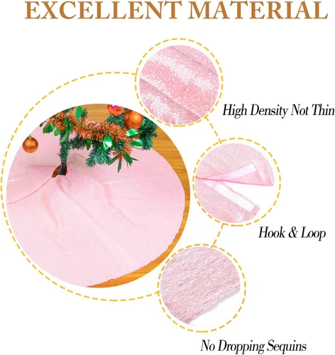 Vista 5 de ShinyBeauty Falda de árbol de Navidad rosa claro de 24 pulgadas, falda de lentejuelas para lápices/mini árboles, cubierta navideña para Año Nuevo
