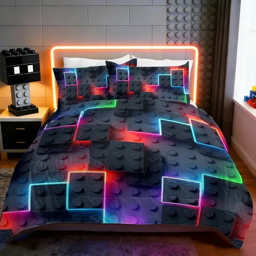 Vista 13 de BlessLiving Ropa de cama de bloques de construcción para niños: juego de edredón de microfibra cepillada suave para todas las estaciones con 2 3