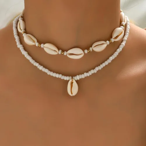 Vista 4 de Nackiy Collar de concha marina hecho a mano para mujer, collar de concha natural ajustable de verano (cuerda trenzada beige)