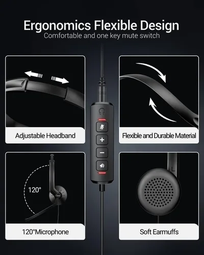 Vista 5 de Auriculares USB con micrófono para PC portátil - Auriculares de computadora con cable con micrófono de cancelación de ruido para oficina en casa