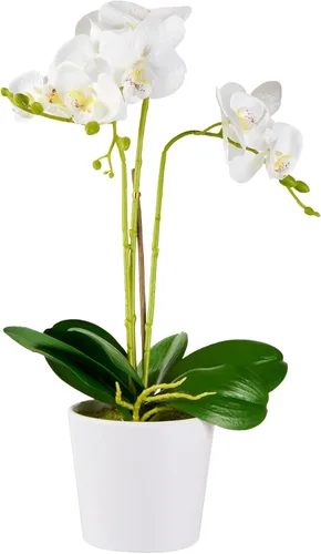 Vista 16 de Restaurantware - Orquídeas artificiales de 4 x 14 pulgadas, 12 orquídeas falsas en maceta, 5 flores, uso como centro de mesa, decoración del hogar u