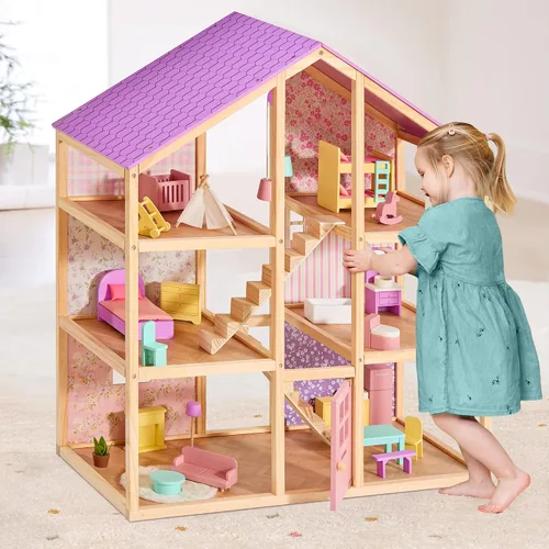 Vista 9 de Tiny Land Casa de muñecas de madera para niñas, casa de muñecas de madera de 6 habitaciones, casa de muñecas de bricolaje con 31 accesorios de Rosa
