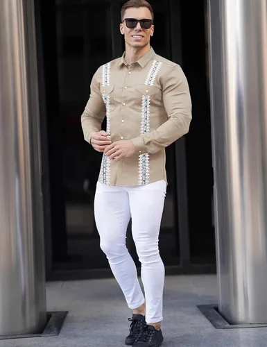Vista 2 de KELLORENA Camisas de guayabera cubana de manga larga con botones, estilo mexicano, camisas de algodón para campamento