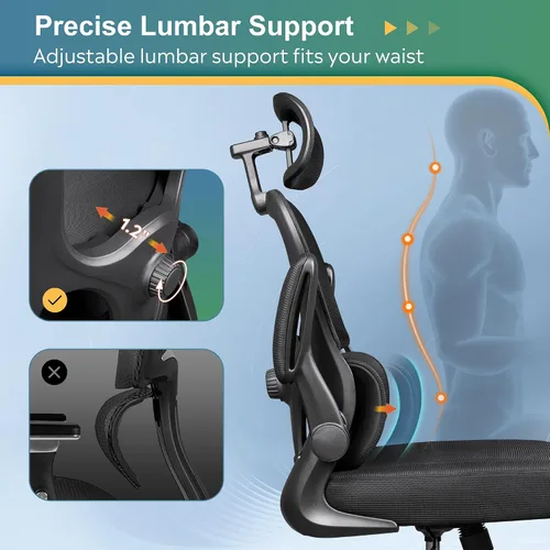 Vista 4 de DEVAISE Silla de escritorio ergonómica de malla, soporte lumbar ajustable separado, cojín grande, reposabrazos abatibles, inclinación oscilante