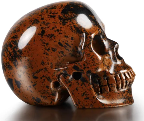 Vista 4 de Skullis Calavera de cristal de obsidiana de caoba de 3.0 pulgadas. Escultura de arte fino de piedra preciosa tallada a mano, estatua de piedra