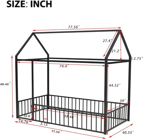 Vista 2 de HAUSHECK Montessori Cama para niños pequeños, cama de piso tamaño individual para niños y niñas, camas Montessori con rieles y techo, marco de cama