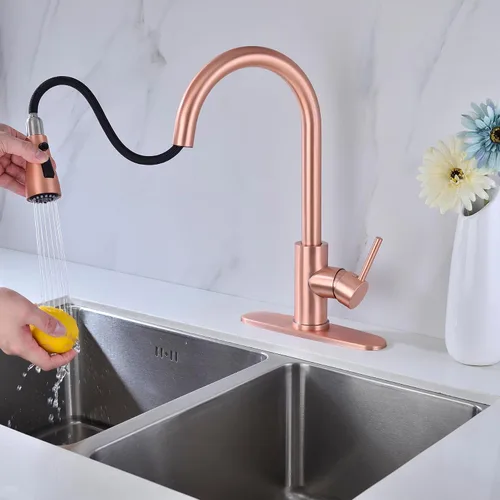 Vista 3 de Delle Rosa Grifo de cocina de cobre y oro rosa, montaje en cubierta, acero inoxidable 304, manija única, configuración de rociado de 3 vías, fácil