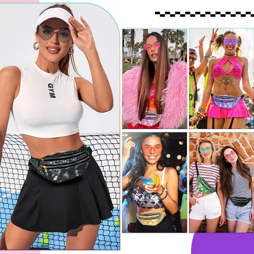 Vista 7 de Bicfuiot Riñoneras holográficas para mujeres y hombres con lentes de sol de corazón, Halloween, 80 y 90, riñonera pequeña de neón con cuerpo cruzado