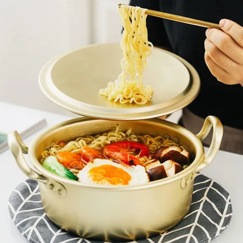 Vista 9 de Housoutil Olla ramen 1 juego de olla de ramen coreano con tapa, cuchara, palillos tradicionales de aluminio instantáneo Ramyun para el hogar