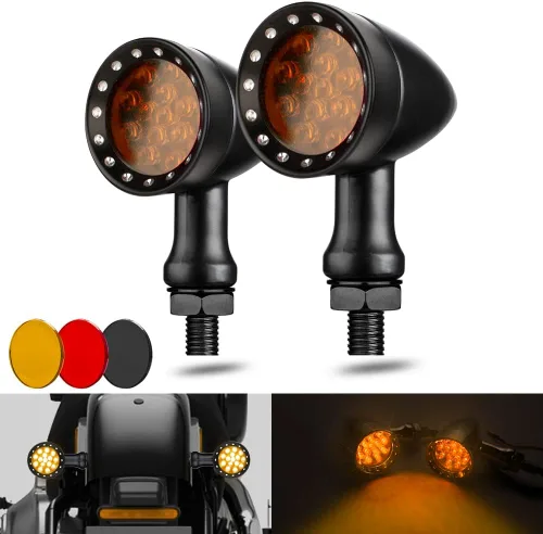 Vista 12 de Luz de señal de giro trasera tipo bala para motocicleta, 4 cables, indicador LED compatible con Chopper Bobber Harley Softail Iron Cruiser Honda