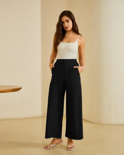 Vista 4 de FireSwan Pantalones de Trabajo de Pierna Ancha para Mujer Cintura Elástica Alta Vestido Pantalones Palazzo Pantalones con Bolsillos con Cremallera