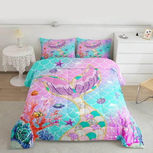 Vista 5 de Erosebridal Juego de edredón tamaño individual para niñas, juegos de ropa de cama de sirena para niñas y niños pequeños, edredón de escamas de peces