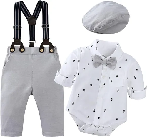 Vista 2 de TAOJIAN Conjunto de traje de caballero para niños pequeños, mameluco con botones para recién nacido+pantalones con tirantes desmontables+pajarita +