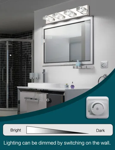 Vista 3 de SOLFART Iluminación LED para baño, 4 luces, regulable, moderno, de vidrio, acero inoxidable, luz de pared sobre espejo