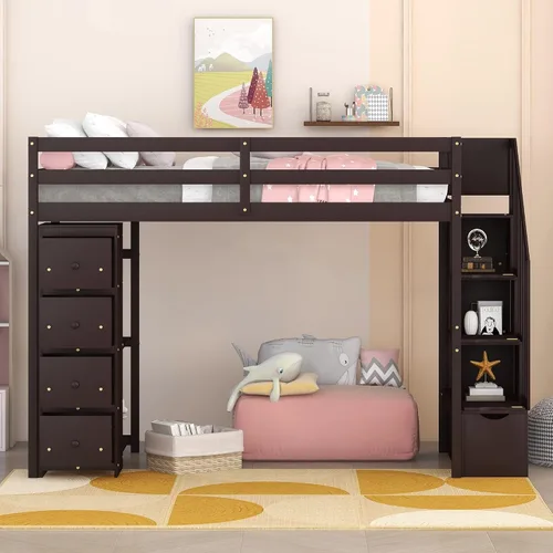 Vista 2 de Cama alta moderna con cajones de almacenamiento y escaleras, cama de madera tamaño individual con estantes y barandillas, para niños, niñas