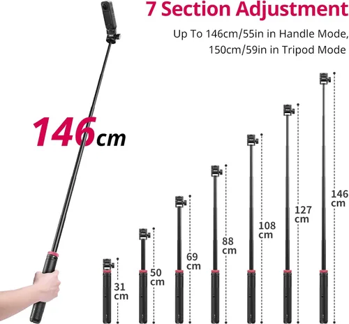Vista 6 de ULANZI MT-71 Trípode selfie stick y mango de vlog con liberación rápida magnética y tornillo de 1/4 pulgadas, soporte de trípode ligero extensible