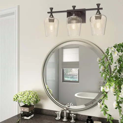 Vista 2 de Lámpara de tocador de baño de 3 luces, accesorios de iluminación de baño negros sobre el espejo, apliques de pared modernos con pantalla de vidrio