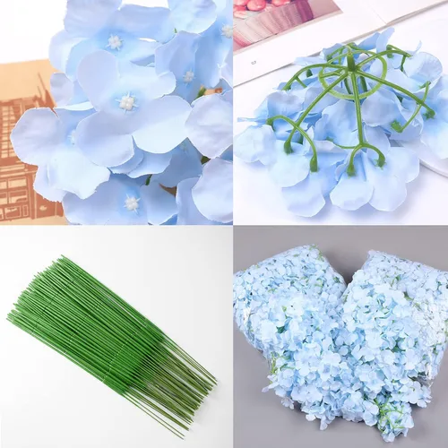 Vista 6 de FagusHome 30 piezas de cabezas de hortensias artificiales de seda, cabezas y tallos de hortensias artificiales para decoración del hogar y boda Azul