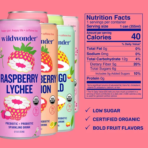 Vista 2 de Wildwonder Bebida de jugo probiótico espumosa con inmunidad y apoyo a la digestión, con fibra de 0.18 oz y probióticos vivos, sin cafeína, orgánica