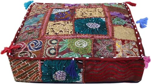 Vista 24 de CRAFT KALA Funda de Puf Tradicional de Retazos Cuadrada India Pufs de Sala de Estar India Otomana de Diseñador Bordada Decorativa Hogar Vida Rosa
