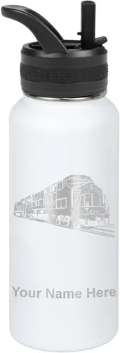 Vista 35 de LaserGram Botella de agua personalizada, tren de carga, acero inoxidable de doble pared aislada al vacío con popote superior, regalo grabado Negro