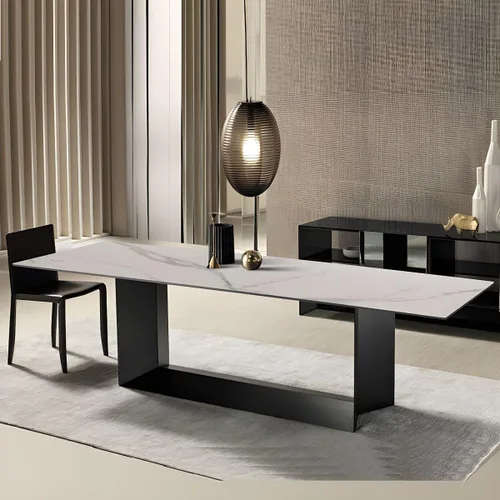 Vista 3 de LAKIQ Mesa de comedor rectangular de piedra sinterizada moderna con parte superior de piedra con doble pedestal de metal para comedor