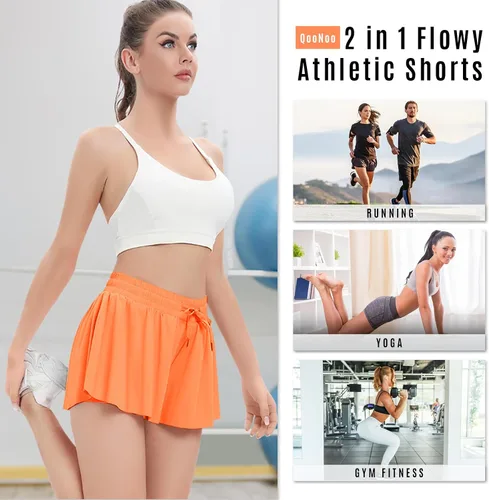 Vista 2 de QooNoo Pantalones cortos deportivos 2 en 1 para mujer, pantalones cortos de mariposa fluidos con bolsillos, pantalones cortos de gimnasio de alta