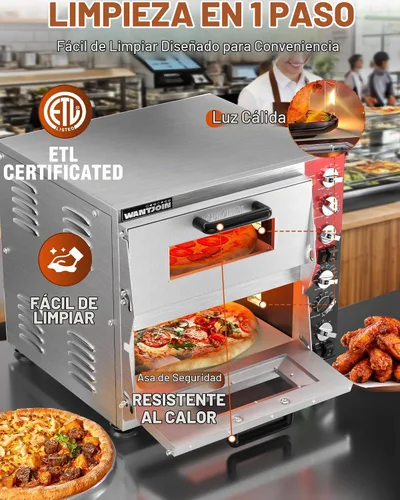 Vista 2 de WantJoin Horno de pizza interior de 16 pulgadas, horno eléctrico comercial de doble cubierta con piedra para pizza, temperatura ajustable de 175 a